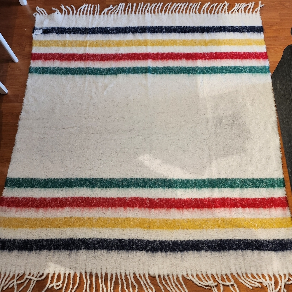 Striped Fringe Throw Blanket - White with Red, Green, Yellow & Navy -